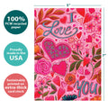Load image into Gallery viewer, The cover of Tree-Free’s I Love You Floral card with lines demonstrating its 5x7 dimensions, along with the following text: “100% PCW recycled paper, proudly made in the USA, sustainably printed on extra-thick card stock”
