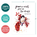 Load image into Gallery viewer, The cover of Tree-Free’s Peace in the World card with lines demonstrating its 5x7 dimensions, along with the following text: “100% PCW recycled paper, proudly made in the USA, sustainably printed on extra-thick card stock”