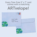 Load image into Gallery viewer, The envelope for Tree-Free’s Peace On Earth Wreath card, along with the following text: “Every Tree-Free 5x7 card comes with a matching ARTvelope!”
