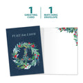 Load image into Gallery viewer, The cover and inside of Tree-Free’s Peace On Earth Wreath Holiday Card card, along with the following text: “1 greeting card, 1 matching envelope”