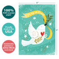 Load image into Gallery viewer, The cover of Tree-Free’s Peace Dove card with lines demonstrating its 5x7 dimensions, along with the following text: “100% PCW recycled paper, proudly made in the USA, sustainably printed on extra-thick card stock”
