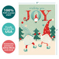 Load image into Gallery viewer, The cover of Tree-Free’s Joy Gnomes Holiday Card card with lines demonstrating its 5x7 dimensions, along with the following text: “100% PCW recycled paper, proudly made in the USA, sustainably printed on extra-thick card stock”
