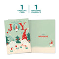 Load image into Gallery viewer, The cover and inside of Tree-Free’s Joy Gnomes Holiday Card card, along with the following text: “1 greeting card, 1 matching envelope”