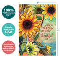 Load image into Gallery viewer, The cover of Tree-Free’s Thankful Sunflowers card with lines demonstrating its 5x7 dimensions, along with the following text: “100% PCW recycled paper, proudly made in the USA, sustainably printed on extra-thick card stock”