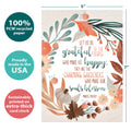 Load image into Gallery viewer, The cover of Tree-Free’s Grateful and Happy card with lines demonstrating its 5x7 dimensions, along with the following text: “100% PCW recycled paper, proudly made in the USA, sustainably printed on extra-thick card stock”