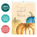 Load image into Gallery viewer, The cover of Tree-Free’s Thankful Pumpkins card with lines demonstrating its 5x7 dimensions, along with the following text: “100% PCW recycled paper, proudly made in the USA, sustainably printed on extra-thick card stock”