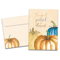 Load image into Gallery viewer, The cover of Tree-Free's Thankful Pumpkins Thanksgiving Card card, along with its matching envelope.