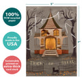 Load image into Gallery viewer, The cover of Tree-Free’s Haunted House card with lines demonstrating its 5x7 dimensions, along with the following text: “100% PCW recycled paper, proudly made in the USA, sustainably printed on extra-thick card stock”