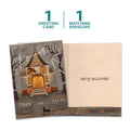 Load image into Gallery viewer, The cover and inside of Tree-Free’s Haunted House Halloween Card card, along with the following text: “1 greeting card, 1 matching envelope”