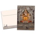 Load image into Gallery viewer, The cover of Tree-Free's Haunted House Halloween Card card, along with its matching envelope.