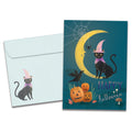 Load image into Gallery viewer, The cover of Tree-Free's Black Cat And Moon Halloween Card card, along with its matching envelope.