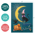 Load image into Gallery viewer, The cover of Tree-Free’s Black Cat And Moon Halloween Card card with lines demonstrating its 5x7 dimensions, along with the following text: “100% PCW recycled paper, proudly made in the USA, sustainably printed on extra-thick card stock”