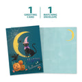 Load image into Gallery viewer, The cover and inside of Tree-Free’s Black Cat And Moon Halloween Card card, along with the following text: “1 greeting card, 1 matching envelope”
