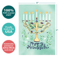 Load image into Gallery viewer, The cover of Tree-Free’s Floral Menorah Hanukkah Card card with lines demonstrating its 5x7 dimensions, along with the following text: “100% PCW recycled paper, proudly made in the USA, sustainably printed on extra-thick card stock”