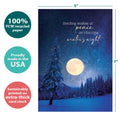 Load image into Gallery viewer, The cover of Tree-Free’s Peace In Winters Night Solstice Card card with lines demonstrating its 5x7 dimensions, along with the following text: “100% PCW recycled paper, proudly made in the USA, sustainably printed on extra-thick card stock”