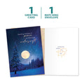 Load image into Gallery viewer, The cover and inside of Tree-Free’s Peace In Winters Night Solstice Card card, along with the following text: “1 greeting card, 1 matching envelope”
