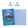 Load image into Gallery viewer, The cover and inside of Tree-Free’s Longest Night Mandala Solstice Card card, along with the following text: “1 greeting card, 1 matching envelope”