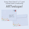 Load image into Gallery viewer, The envelope for Tree-Free’s Floating Lights New Year Card card, along with the following text: “Every Tree-Free 5x7 card comes with a matching ARTvelope!”
