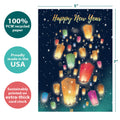 Load image into Gallery viewer, The cover of Tree-Free’s Floating Lights New Year Card card with lines demonstrating its 5x7 dimensions, along with the following text: “100% PCW recycled paper, proudly made in the USA, sustainably printed on extra-thick card stock”