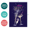 Load image into Gallery viewer, The cover of Tree-Free’s Year Of Celebration New Year Card card with lines demonstrating its 5x7 dimensions, along with the following text: “100% PCW recycled paper, proudly made in the USA, sustainably printed on extra-thick card stock”