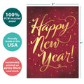 Load image into Gallery viewer, The cover of Tree-Free’s Golden New Year New Year Card card with lines demonstrating its 5x7 dimensions, along with the following text: “100% PCW recycled paper, proudly made in the USA, sustainably printed on extra-thick card stock”