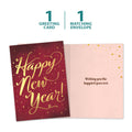 Load image into Gallery viewer, The cover and inside of Tree-Free’s Golden New Year New Year Card card, along with the following text: “1 greeting card, 1 matching envelope”