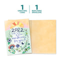 Load image into Gallery viewer, The cover and inside of Tree-Free’s Waiting For 2022 New Year Card card, along with the following text: “1 greeting card, 1 matching envelope”