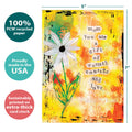 Load image into Gallery viewer, The cover of Tree-Free’s Gift of Warmth card with lines demonstrating its 5x7 dimensions, along with the following text: “100% PCW recycled paper, proudly made in the USA, sustainably printed on extra-thick card stock”