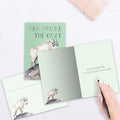 Load image into Gallery viewer, The inside of Tree-Free’s GOAT Dad card, with the cover and envelope in the background.