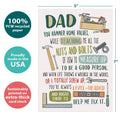 Load image into Gallery viewer, The cover of Tree-Free’s Dad's Tools card with lines demonstrating its 5x7 dimensions, along with the following text: “100% PCW recycled paper, proudly made in the USA, sustainably printed on extra-thick card stock”