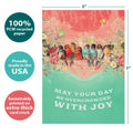Load image into Gallery viewer, The cover of Tree-Free’s Overcrowded With Joy card with lines demonstrating its 5x7 dimensions, along with the following text: “100% PCW recycled paper, proudly made in the USA, sustainably printed on extra-thick card stock”