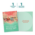 Load image into Gallery viewer, The cover and inside of Tree-Free’s Overcrowded With Joy card, along with the following text: “1 greeting card, 1 matching envelope”