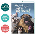 Load image into Gallery viewer, The cover of Tree-Free’s Dog Years card with lines demonstrating its 5x7 dimensions, along with the following text: “100% PCW recycled paper, proudly made in the USA, sustainably printed on extra-thick card stock”