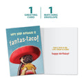 Load image into Gallery viewer, The cover and inside of Tree-Free’s Fantas-Taco card, along with the following text: “1 greeting card, 1 matching envelope”