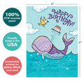 Load image into Gallery viewer, The cover of Tree-Free’s Whaley Happy card with lines demonstrating its 5x7 dimensions, along with the following text: “100% PCW recycled paper, proudly made in the USA, sustainably printed on extra-thick card stock”