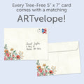 Load image into Gallery viewer, The envelope for Tree-Free’s Joy You Give card, along with the following text: “Every Tree-Free 5x7 card comes with a matching ARTvelope!”