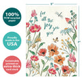 Load image into Gallery viewer, The cover of Tree-Free’s Joy You Give card with lines demonstrating its 5x7 dimensions, along with the following text: “100% PCW recycled paper, proudly made in the USA, sustainably printed on extra-thick card stock”