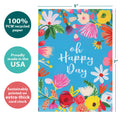 Load image into Gallery viewer, The cover of Tree-Free’s Oh Happy Day card with lines demonstrating its 5x7 dimensions, along with the following text: “100% PCW recycled paper, proudly made in the USA, sustainably printed on extra-thick card stock”