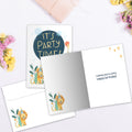 Load image into Gallery viewer, The inside of Tree-Free’s Party Time Animals card, with the cover and envelope in the background.