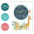 Load image into Gallery viewer, The cover of Tree-Free’s Party Time Animals card with lines demonstrating its 5x7 dimensions, along with the following text: “100% PCW recycled paper, proudly made in the USA, sustainably printed on extra-thick card stock”