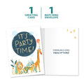 Load image into Gallery viewer, The cover and inside of Tree-Free’s Party Time Animals card, along with the following text: “1 greeting card, 1 matching envelope”