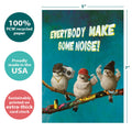 Load image into Gallery viewer, The cover of Tree-Free’s Make Some Noise card with lines demonstrating its 5x7 dimensions, along with the following text: “100% PCW recycled paper, proudly made in the USA, sustainably printed on extra-thick card stock”