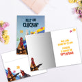 Load image into Gallery viewer, The inside of Tree-Free’s Keep On Cluckin' card, with the cover and envelope in the background.