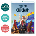 Load image into Gallery viewer, The cover of Tree-Free’s Keep On Cluckin' card with lines demonstrating its 5x7 dimensions, along with the following text: “100% PCW recycled paper, proudly made in the USA, sustainably printed on extra-thick card stock”