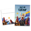 Load image into Gallery viewer, The cover of Tree-Free's Keep On Cluckin' card, along with its matching envelope.