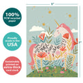 Load image into Gallery viewer, The cover of Tree-Free’s Magical Floral Unicorn card with lines demonstrating its 5x7 dimensions, along with the following text: “100% PCW recycled paper, proudly made in the USA, sustainably printed on extra-thick card stock”