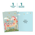 Load image into Gallery viewer, The cover and inside of Tree-Free’s Magical Floral Unicorn card, along with the following text: “1 greeting card, 1 matching envelope”