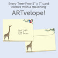 Load image into Gallery viewer, The envelope for Tree-Free’s Piled High Giraffe card, along with the following text: “Every Tree-Free 5x7 card comes with a matching ARTvelope!”