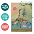 Load image into Gallery viewer, The cover of Tree-Free’s Piled High Giraffe card with lines demonstrating its 5x7 dimensions, along with the following text: “100% PCW recycled paper, proudly made in the USA, sustainably printed on extra-thick card stock”