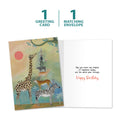 Load image into Gallery viewer, The cover and inside of Tree-Free’s Piled High Giraffe card, along with the following text: “1 greeting card, 1 matching envelope”